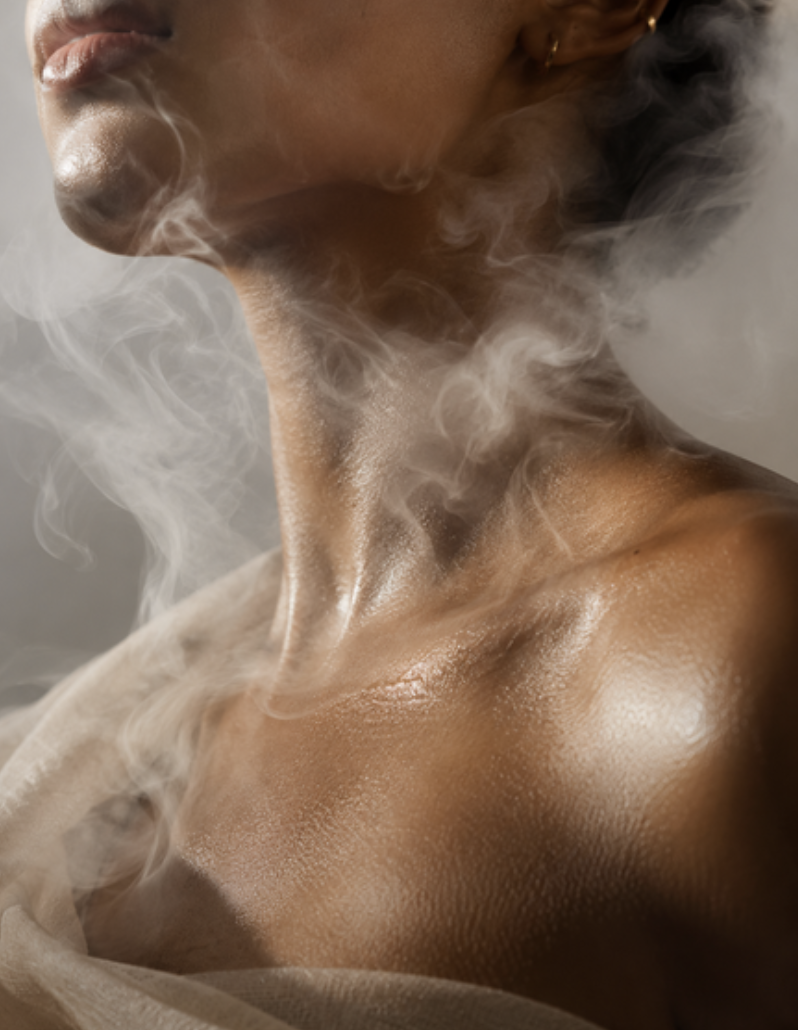Editorial portrait of luminous, bare skin in soft daylight