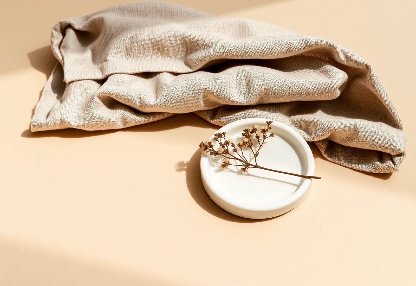 Linen cloth, a ceramic dish and dried botanical stems in morning light